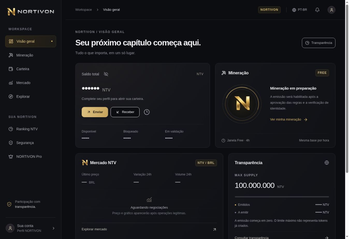 Prévia estática da visão geral NORTIVON, com saldo oculto, carteira e resumo da mineração